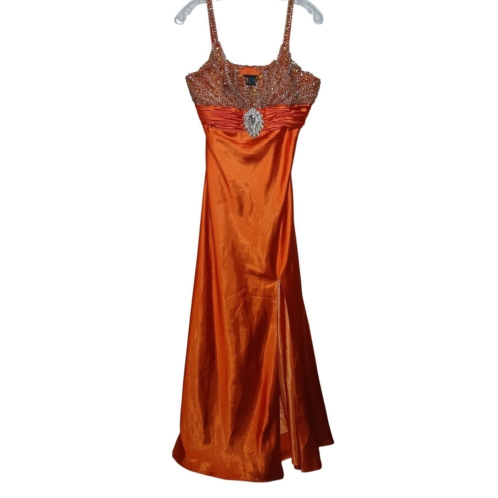 Colors Dress Orange Satin Beaded Sequin Prom Gown with Shawl Size 10 Formal Slit